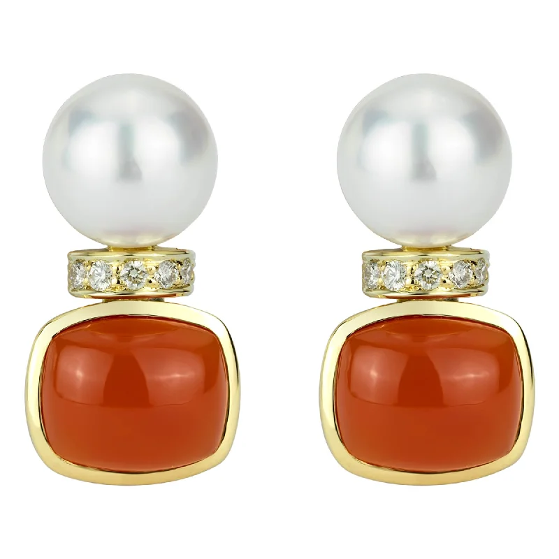 Ladies earrings glowing elegance -Earrings - South Sea Pearl, Cornellian And Diamond