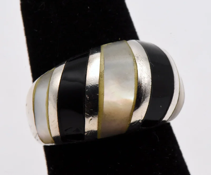 Ladies rings for vocal vibes -Vintage Sterling Silver Mother of Pearl and Black Onyx Inlaid Dome Ring - Size 6