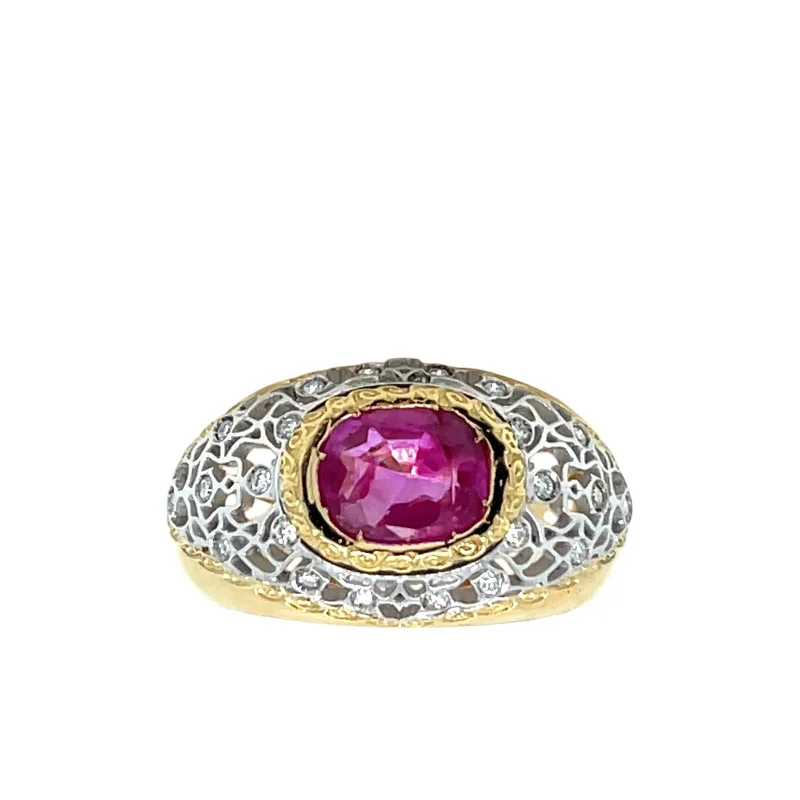 Ladies rings with ring motifs -Vintage Cerified Burma Ruby No Heat Diamond Filigree Gold Ring