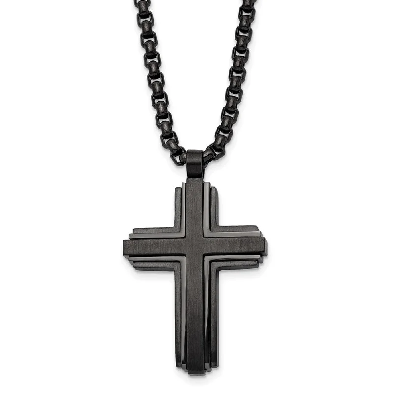 ladies-classic-snake-chain-necklaces-Black Plated Stainless Steel Brushed & Polished Cross Necklace, 24 In