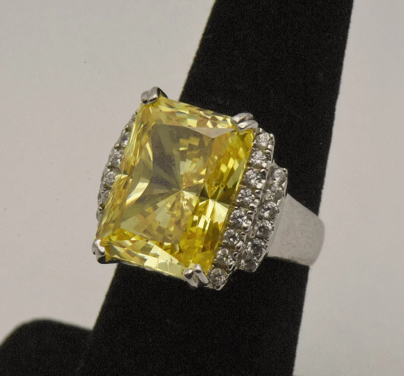 Ladies rings for family charm -Vintage Sterling Silver Canary Yellow Cubic Zirconia and Rhinestones Ring - Size 6.25