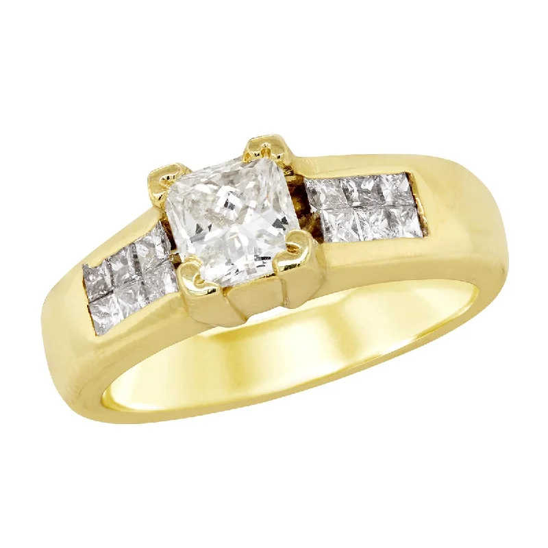 Ladies engagement rings playful vows -YELLOW GOLD ENGAGEMENT RING WITH 13 PRINCESS CUT DIAMONDS, 1.00 CT TW