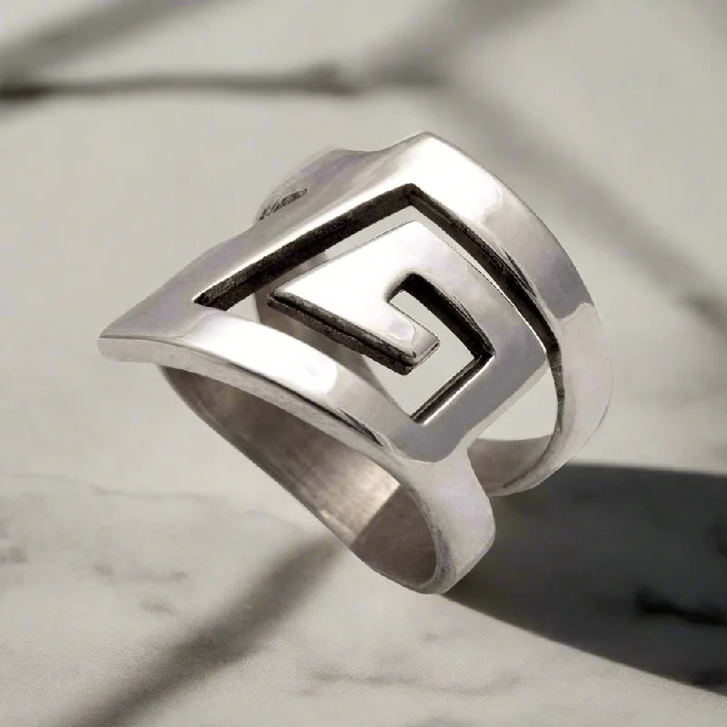 Ladies rings for everyday wear -Greek Key Meander Ring in Sterling Silver (DT-68)