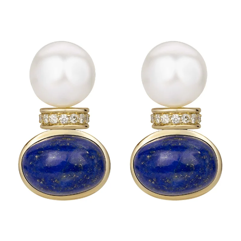 Ladies earrings with glittering beads -Earrings - South Sea Pearl, Lapis Lazuli And Diamond (2383G)