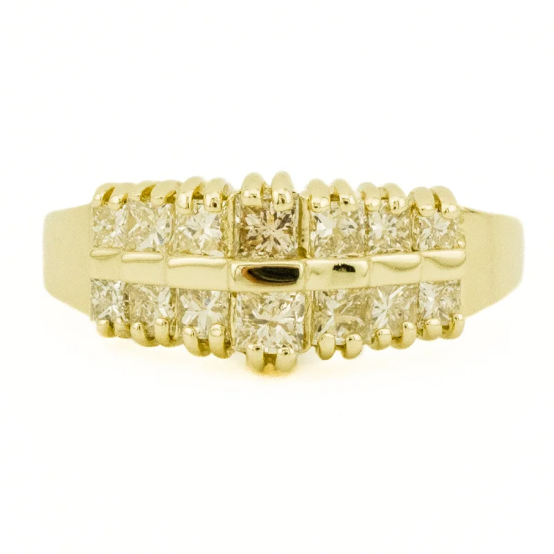 Ladies rings for cafe charm -0.92ctw Princess Cut Diamond Accented Cluster Ring in 14K Yellow Gold - Size 6.75