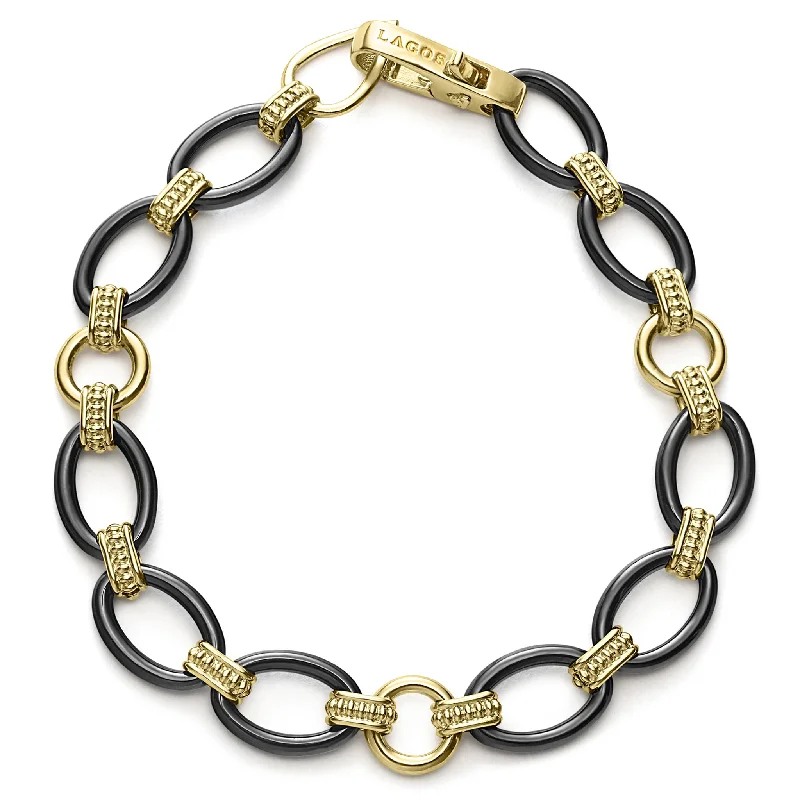 ladies-trendy-silver-bracelets-18k Gold and Black Ceramic Link Bracelet (Size S)