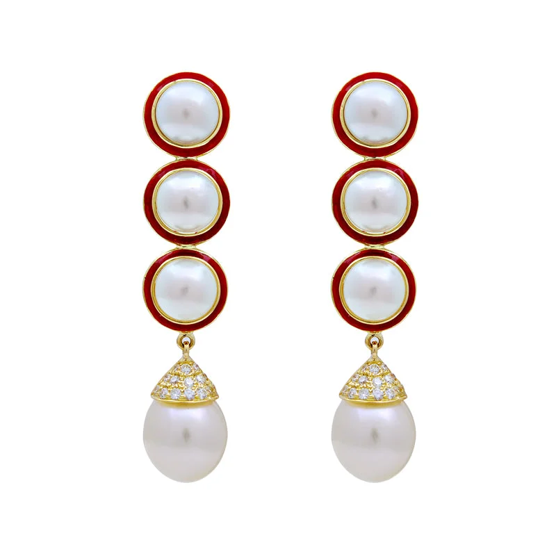 Ladies earrings with kitty drops -Earrings- S.S. Pearl And Diamond (Enamel)