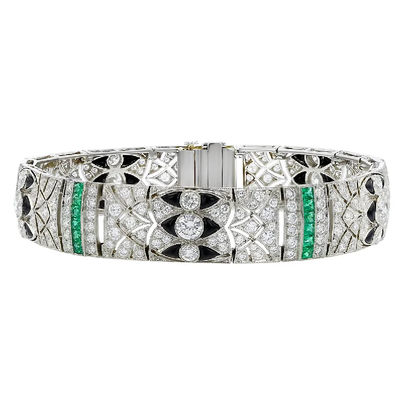 ladies-elegant-link-chain-bracelets-Platinum Diamond, Emerald and Onyx Bracelet