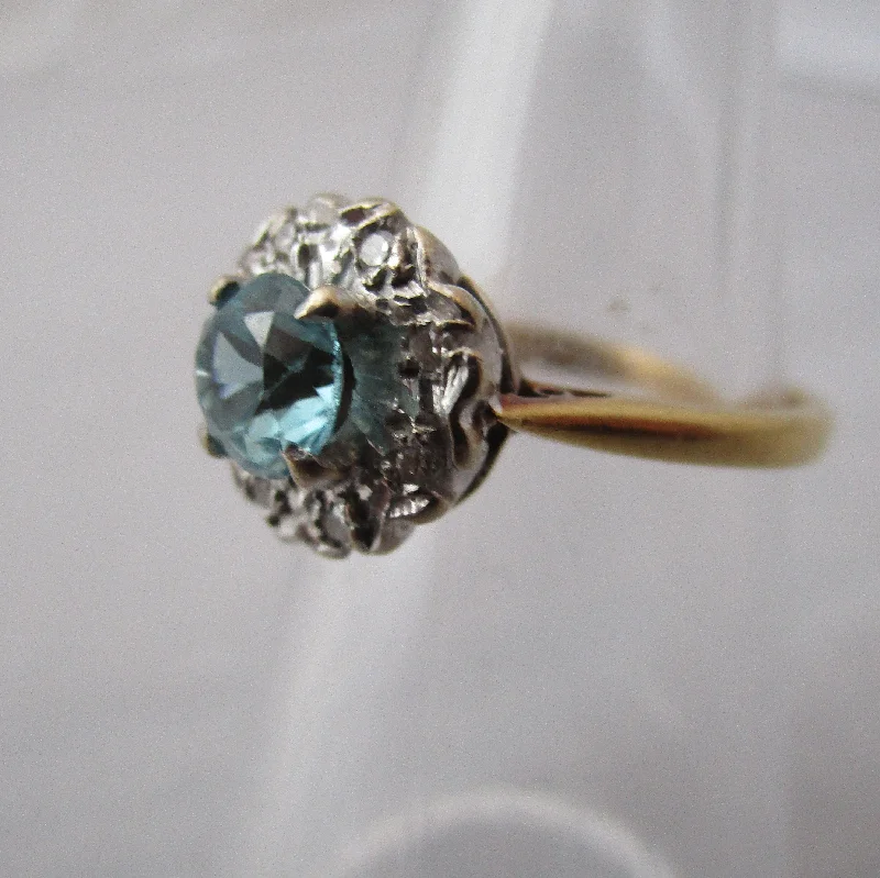 Ladies rings floral elegance -18K Gold Platinum Blue Zircon And Diamond Cluster Ring Vintage London 1969