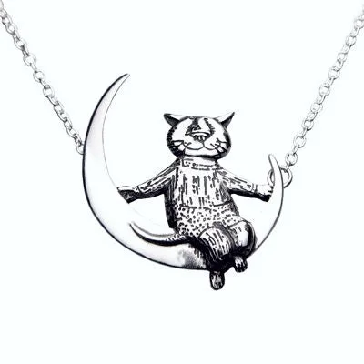 ladies-moon-bib-necklaces-Edward Gorey Moon Cat Sterling Silver Necklace