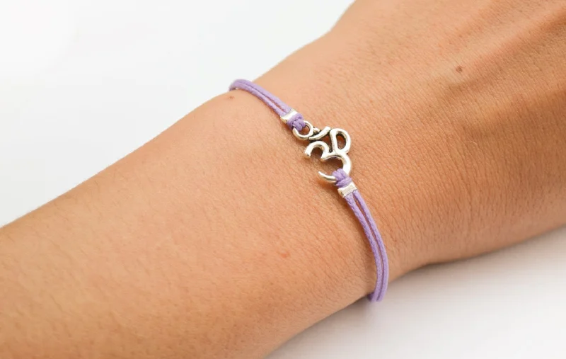 ladies-birthstone-charm-link-bracelets-Purple bracelet with silver Om charm, yoga jewelry