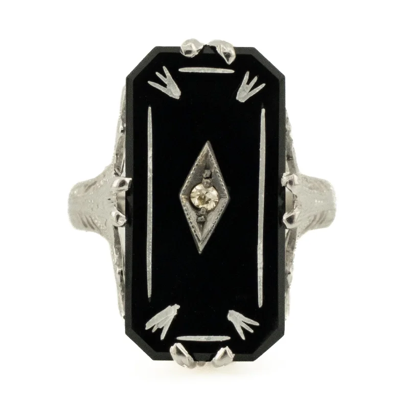 Ladies rings tactile shine -Vintage Onyx and Diamond Gemstone Ring in 14K White Gold - Size 3.75