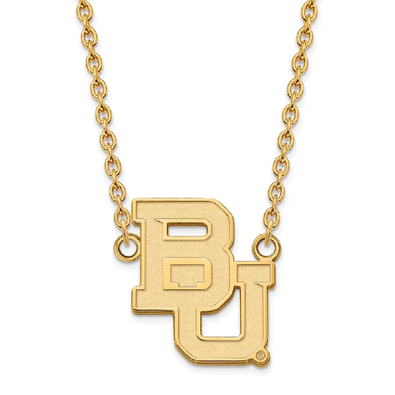 ladies-modern-station-necklaces-14k Gold Plated Silver Baylor U Large 'BU' Logo Pendant Necklace