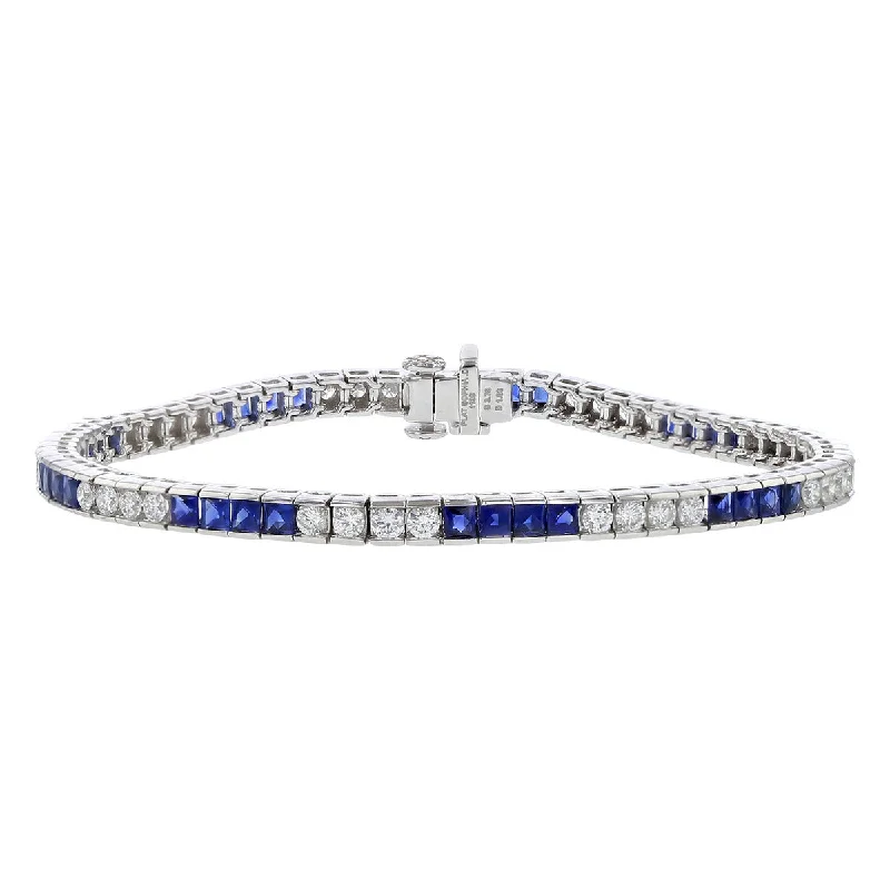 ladies-flower-woven-cord-bracelets-Platinum Blue Sapphire and Diamond Line Bracelet