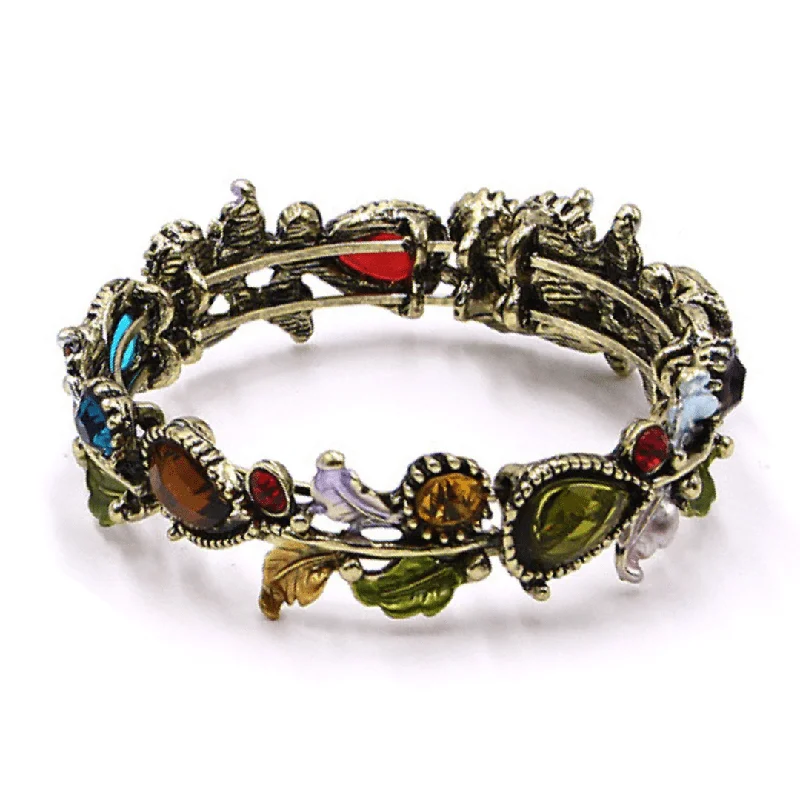 ladies-unique-cuff-link-bracelets-Multi Color Crystal Adjustable Flower Bangle Bracelet In Gold