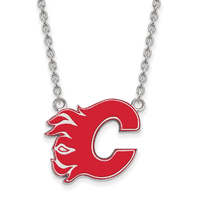 ladies-flower-torque-necklaces-Sterling Silver NHL Calgary Flames LG Enamel Necklace, 18 In