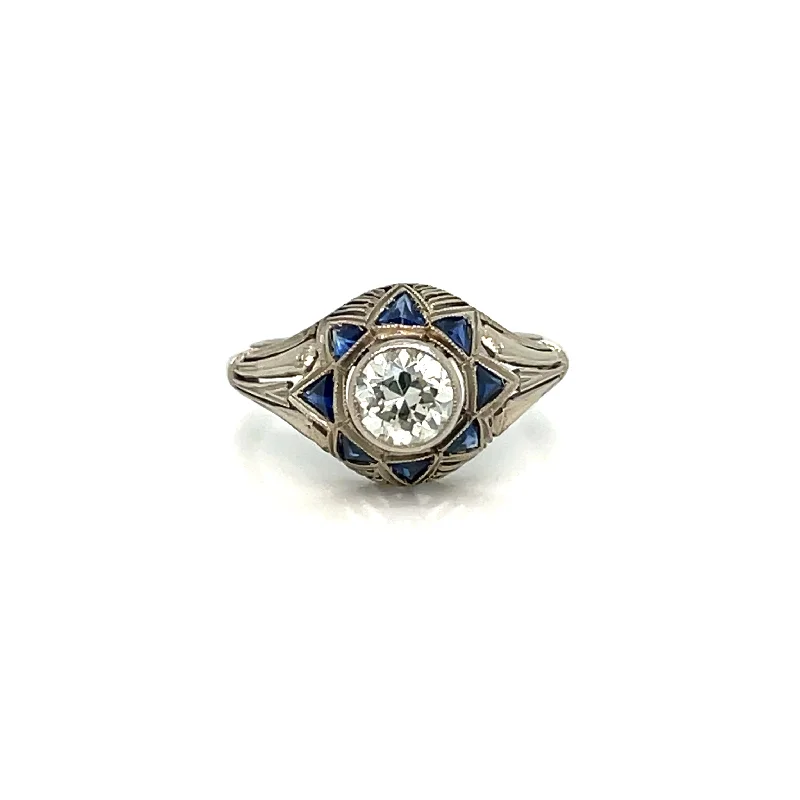 Ladies rings with aqua diopside -Art Deco 0.80 Carat Diamond Sapphire Filigree Ring