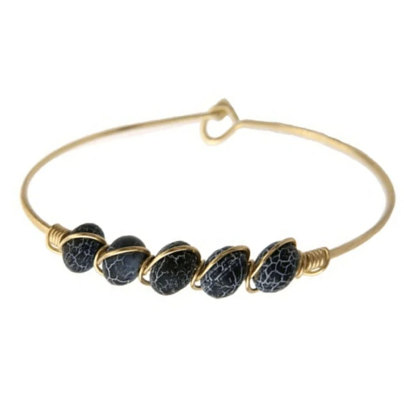 ladies-cross-link-chain-bracelets-Black Agate Beaded Gold Bangle Bracelet