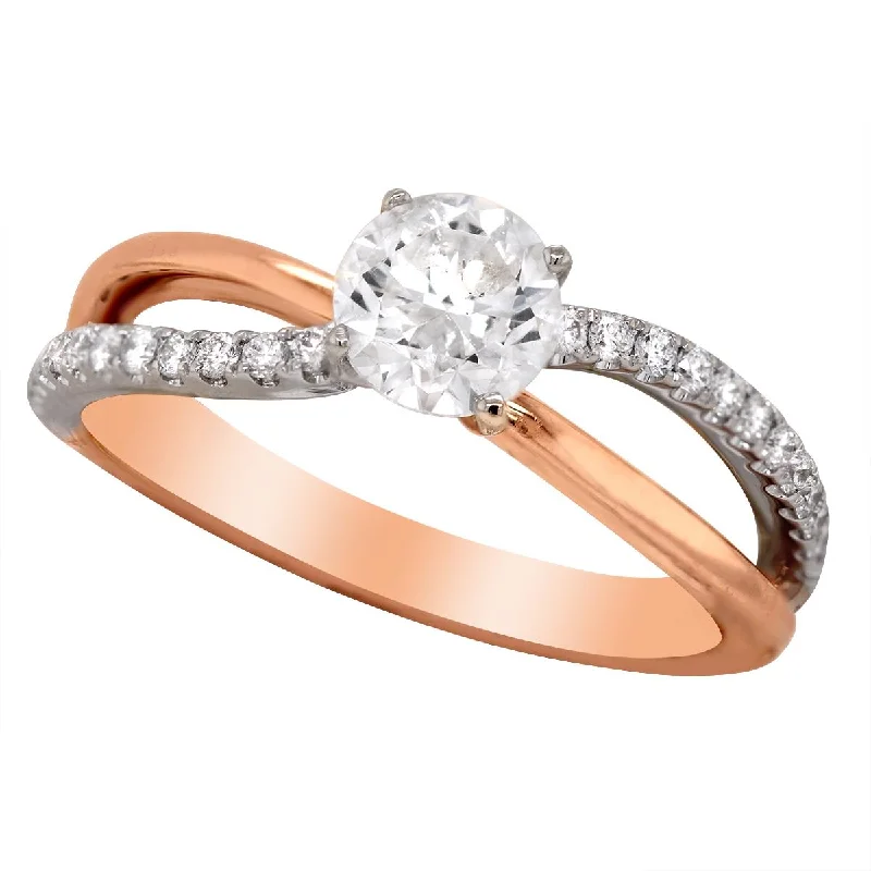 Ladies engagement rings with rose motifs -TWO-TONE GOLD ENGAGEMENT RING WITH SPLIT SHANK AND .73 CARAT DIAMOND CENTER