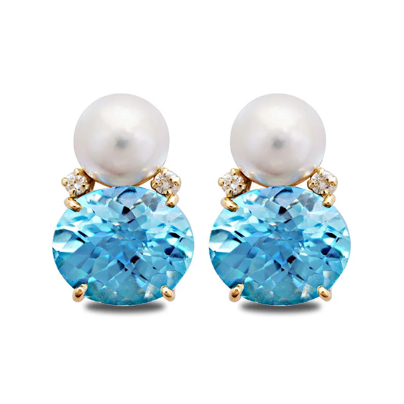 Ladies earrings textured elegance -Earrings-South Sea Pearl, Blue Topaz and Diamond