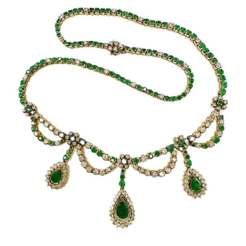 ladies-silver-rose-gold-necklaces-18K Gold Diamond and Emerald Necklace with 3 Halo Dangles