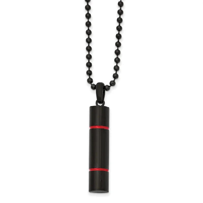 ladies-luxury-rolo-chain-necklaces-Black Plated Stainless Steel & Red Enamel Cylinder Necklace, 22 Inch