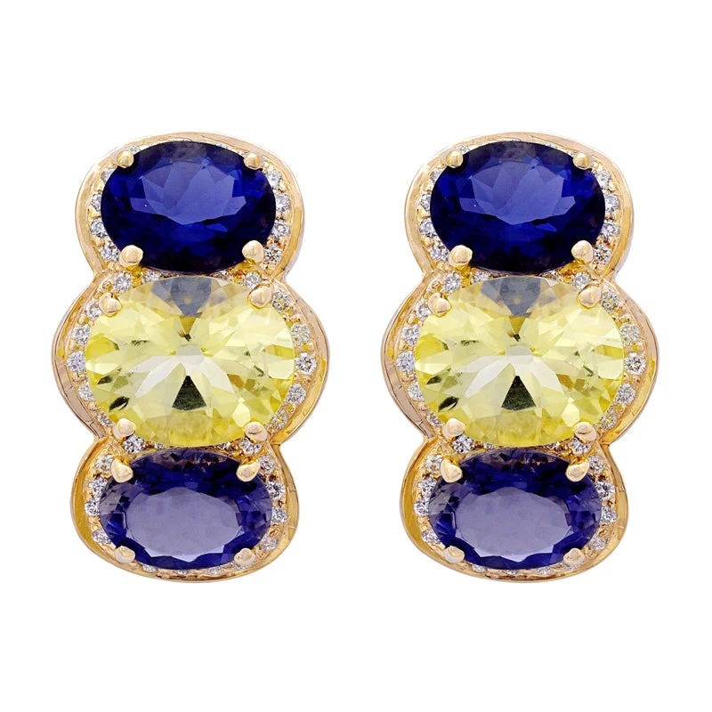 Ladies earrings eco-friendly charm -Earrings- Iolite, Lemon Quartz and Diamond