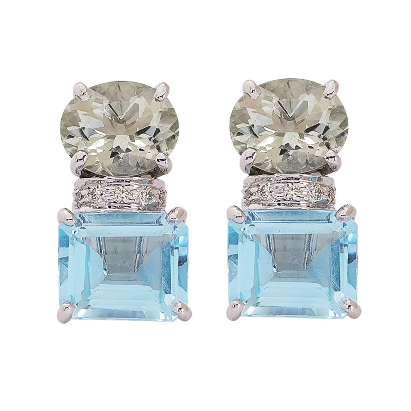 Ladies earrings smooth elegance -Earrings- Blue Topaz, Green Quartz and Diamond