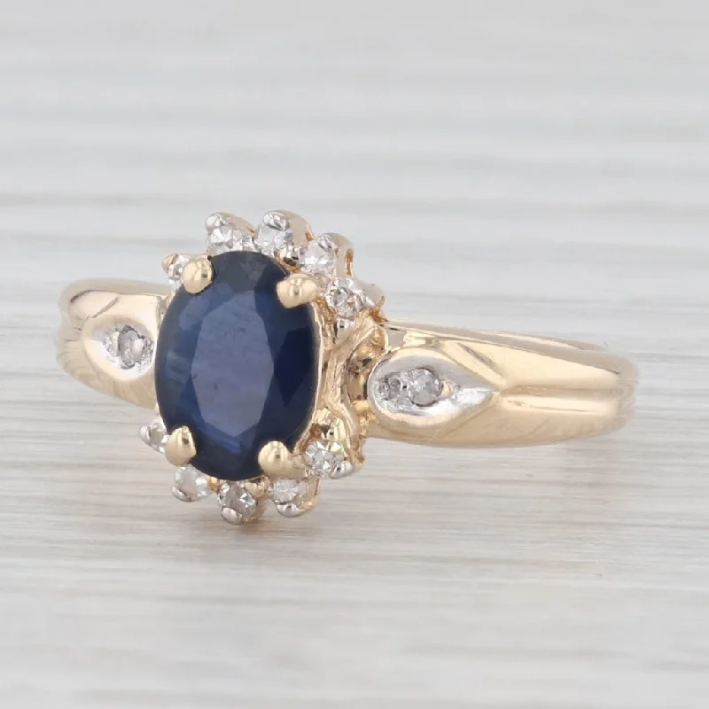 Ladies engagement rings vintage romance -0.75ctw Oval Blue Sapphire Diamond Halo Ring 10k Yellow Gold Sz 4.75 Engagement