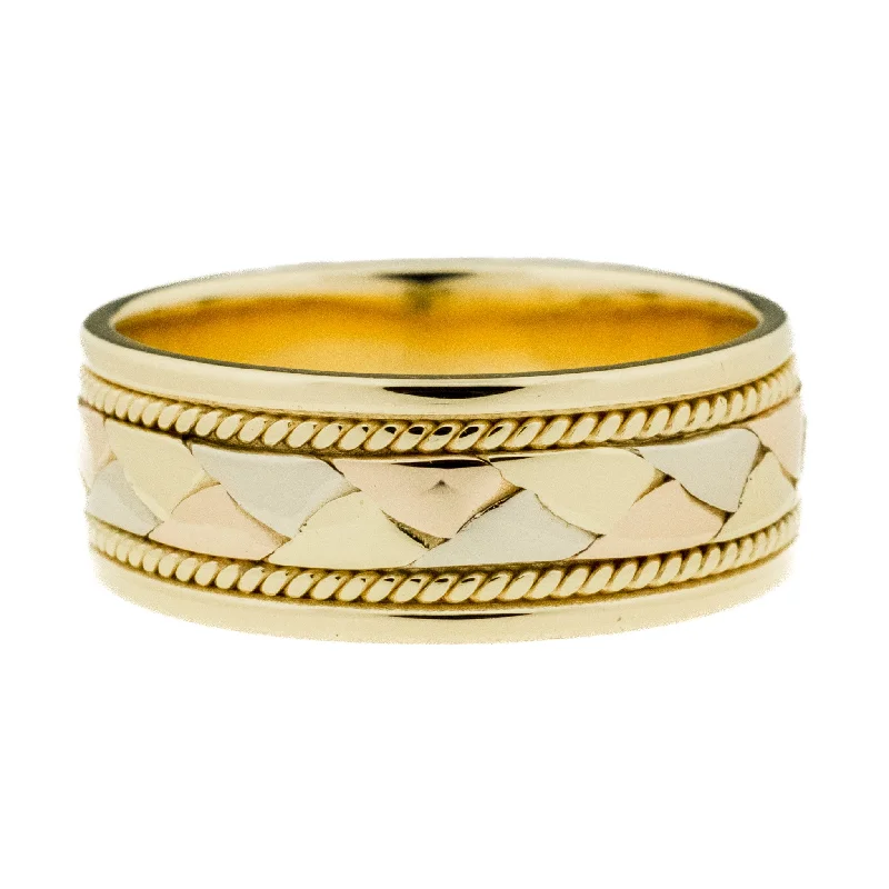 Ladies rings quirky brilliance -7.75mm Wide Gold Band Ring in 14K Tri-Tone Gold - Size 9