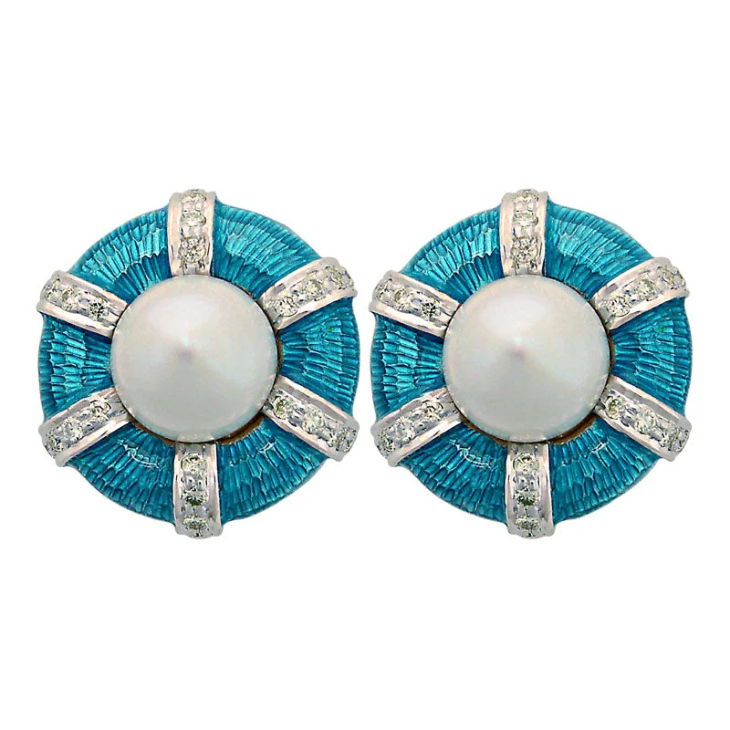 Ladies earrings with quill drops -Earrings-South Sea Pearl and Diamond (Enamel)