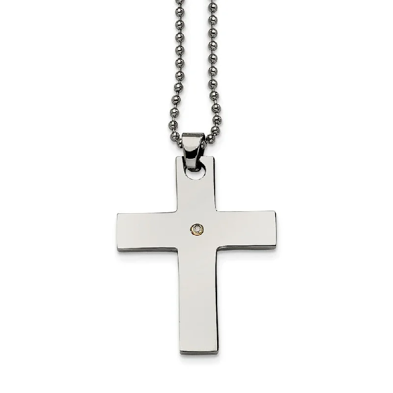 ladies-pearl-bib-necklaces-Stainless Steel and Single Diamond Accent Cross Necklace - 22 Inch