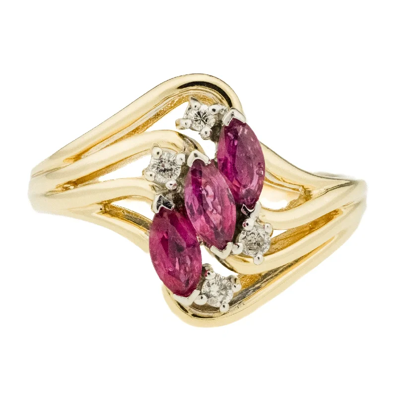 Ladies rings for summit vibes -0.40ctw Marquise Cut Ruby & 0.04ctw Diamond Accents Ring in 14K Yellow Gold - Size 6.5