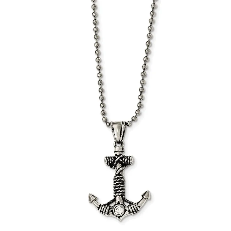 ladies-silver-moon-necklaces-Polished and Antiqued CZ Anchor Necklace in Stainless Steel, 20 Inch