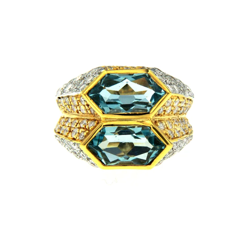 Ladies rings with pearl accents -Iconic Bulgari Aquamarine Diamond Two-Color Gold Double Ring