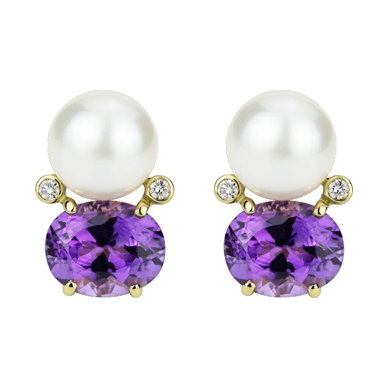 Ladies earrings etched elegance -Earrings - South Sea Pearl, Amethyst And Diamond