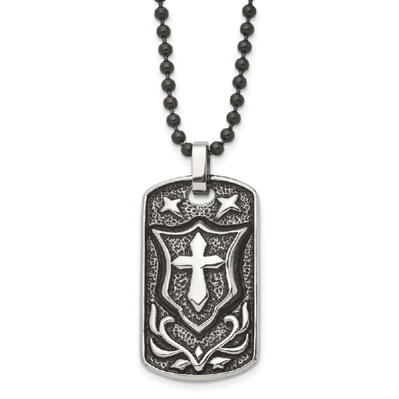 ladies-fashion-pendant-necklaces-Stainless Steel Antiqued Embossed Cross Shield Dog Tag Necklace, 24 In