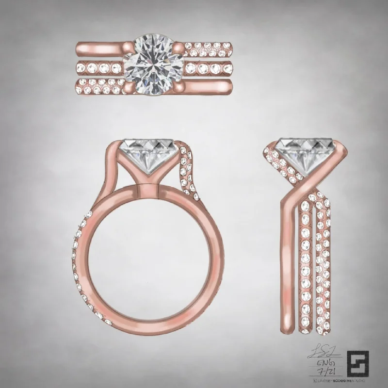 Ladies engagement rings with opal centerstones -ROSE GOLD TRIPLE ROW PAVE ENGAGEMENT RING