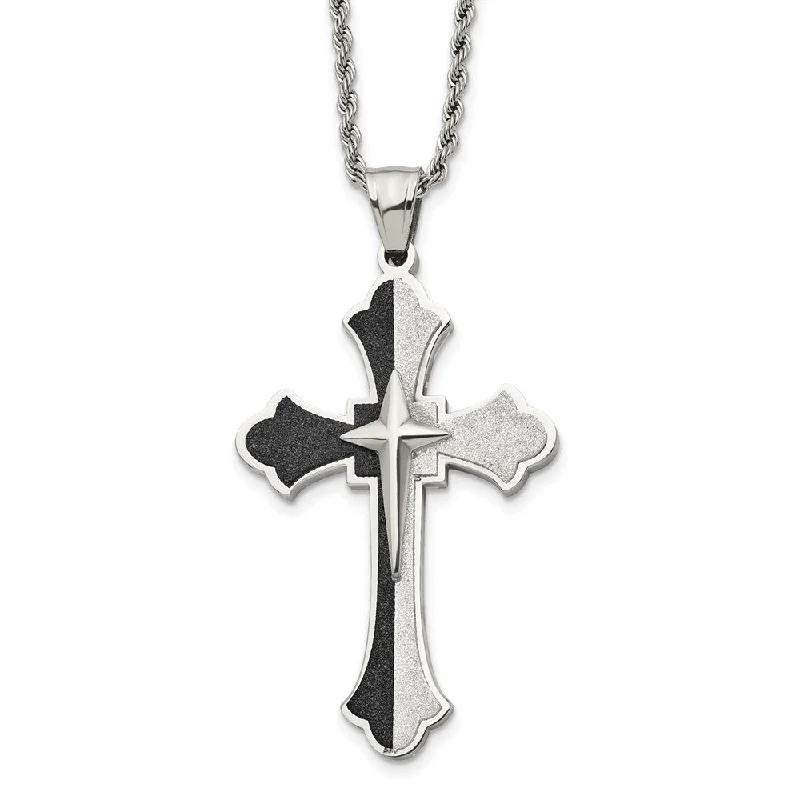 ladies-elegant-pendant-necklaces-Stainless Steel & Black Plated Large Fleur de lis Cross Necklace, 24in