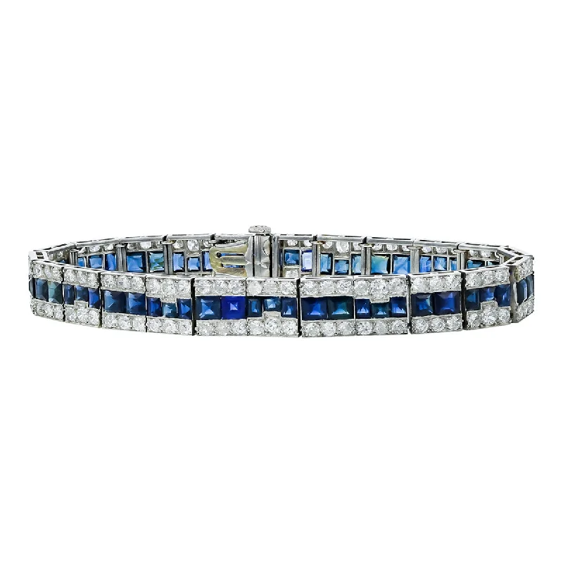 ladies-minimalist-charm-link-bracelets-Platinum Diamond and Sapphire 7-Inch Bracelet