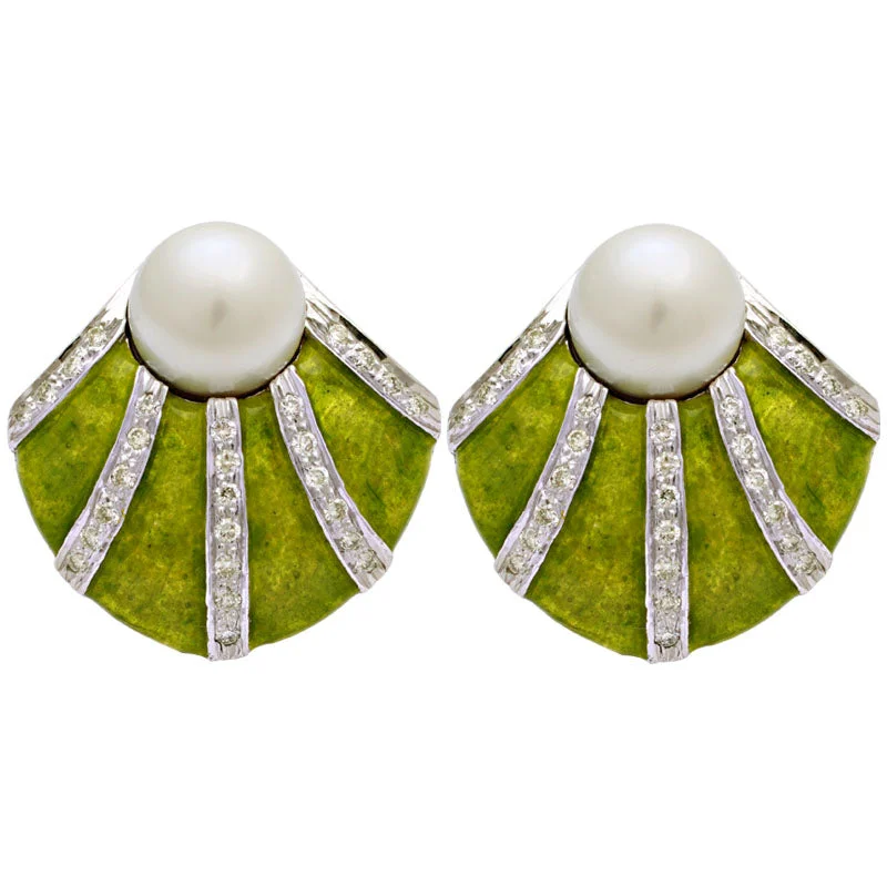 Ladies earrings with kitty drops -Earrings-South Sea Pearl and Diamond (Enamel)