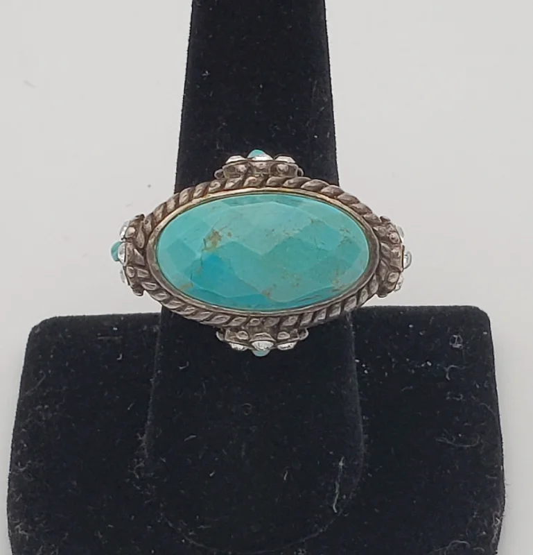 Ladies rings for tea charm -Barse - Faceted Turquoise LARGE Starting Silver Ring - size 7.75