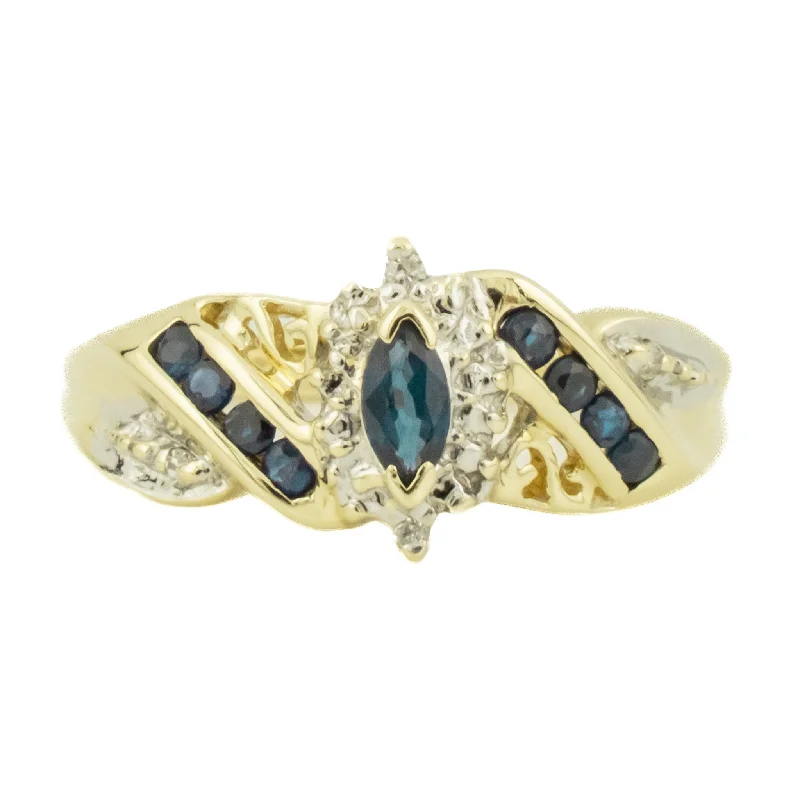 Ladies rings with dew motifs -0.16ctw Marquise Sapphire and Diamond Accents Ring in 10K Yellow Gold - Size 6.75