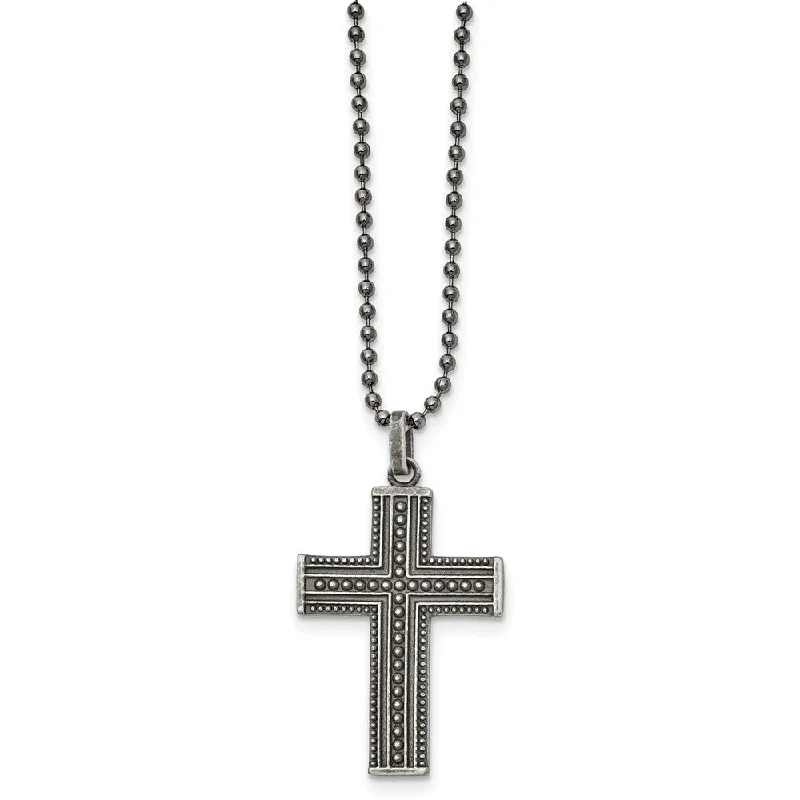 ladies-layered-silver-necklaces-Gunmetal Plated Stainless Steel Antiqued Beaded Cross Necklace, 22 In