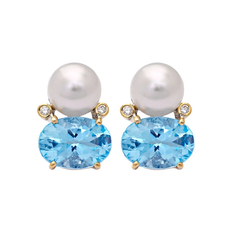 Ladies earrings stylish elegance -Earrings- Blue Topaz, South Sea Pearl and Diamond