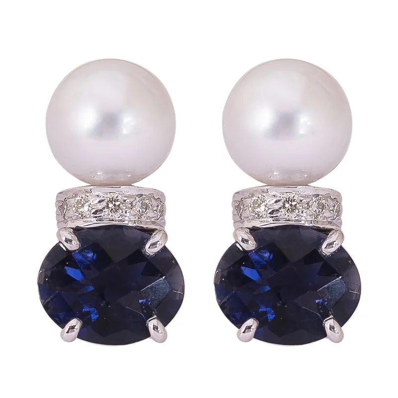 Ladies earrings for grad elegance -Earrings- Pearl, Iolite and Diamond