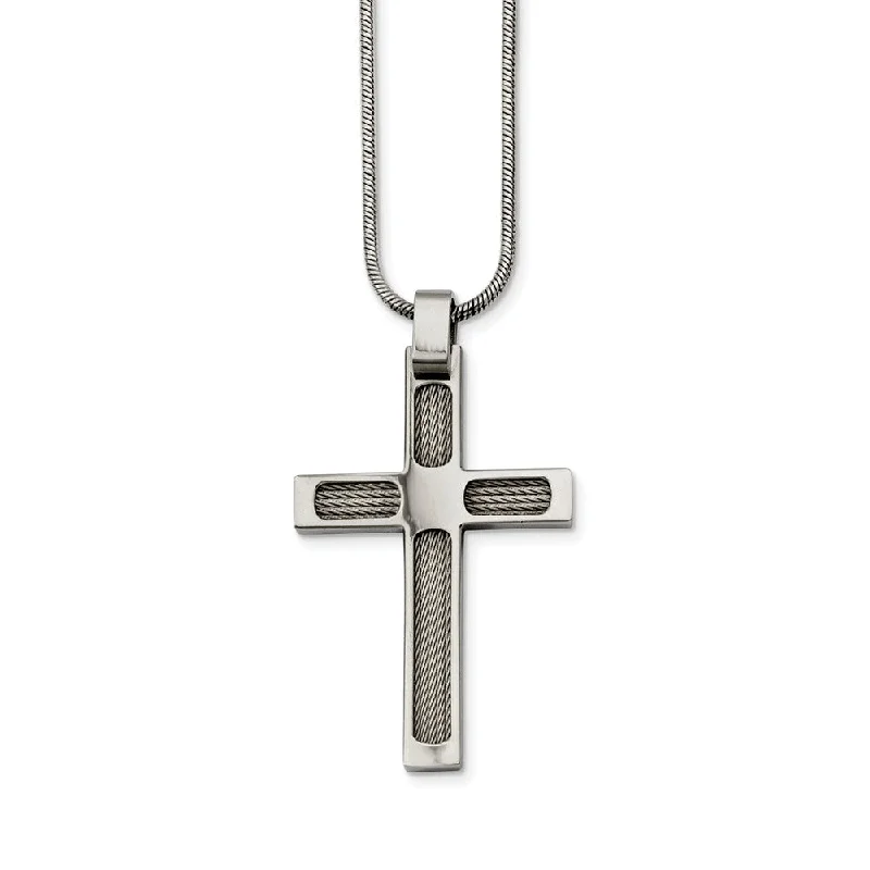 ladies-pearl-silver-necklaces-Stainless Steel Wire and Polished Cross Necklace - 24 Inch