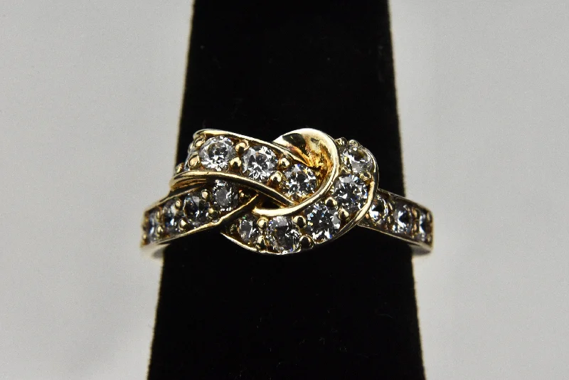 Ladies rings quirky elegance -Tied Knot Ring - Gold Tone Sterling Silver with Cubic Zirconia - Size 6.25