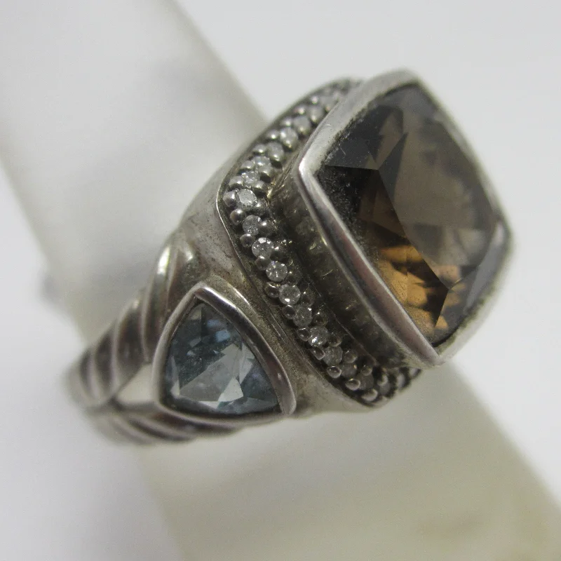 Ladies rings with fin designs -Smokey Quartz Blue Topaz Sterling Silver Ring Vintage c1980