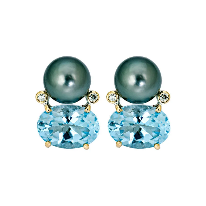 Ladies earrings with opal drops -Earrings- Blue Topaz, South Sea Pearl and Diamond